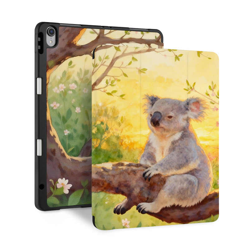 front and back view of personalized iPad case with pencil holder and Australia Wild Animal design