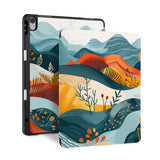 front and back view of personalized iPad case with pencil holder and Colorful Mountain design