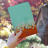 a girl holding personalized RFID blocking passport travel wallet with Rusted Metal design